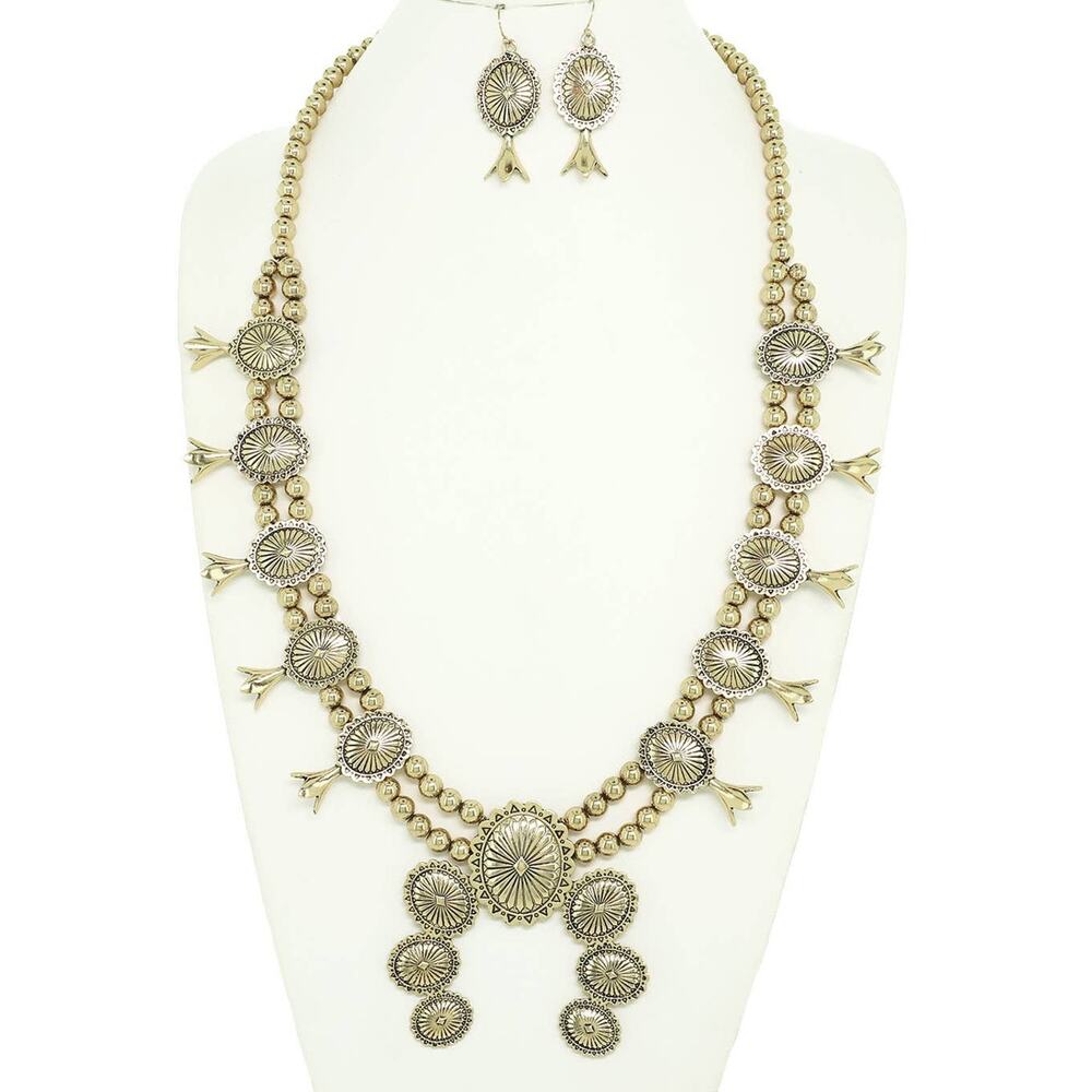 Western Squash Blossom Concho Necklace & Earring Set | Gold | 30" Chain
